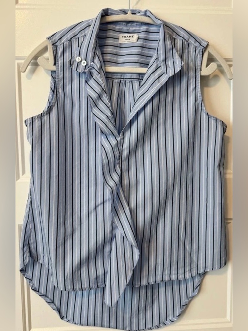 Frame Denim Blue Striped Sleeveless Blouse Ruffle Front Size S